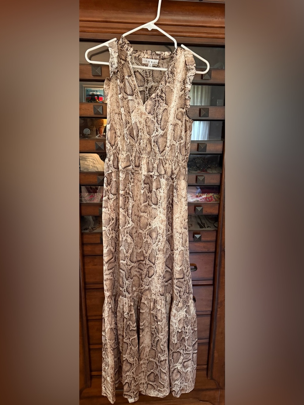 THML Size Small Snake-Print Maxi SatinDress with Mini Peplum Waist Ruffle